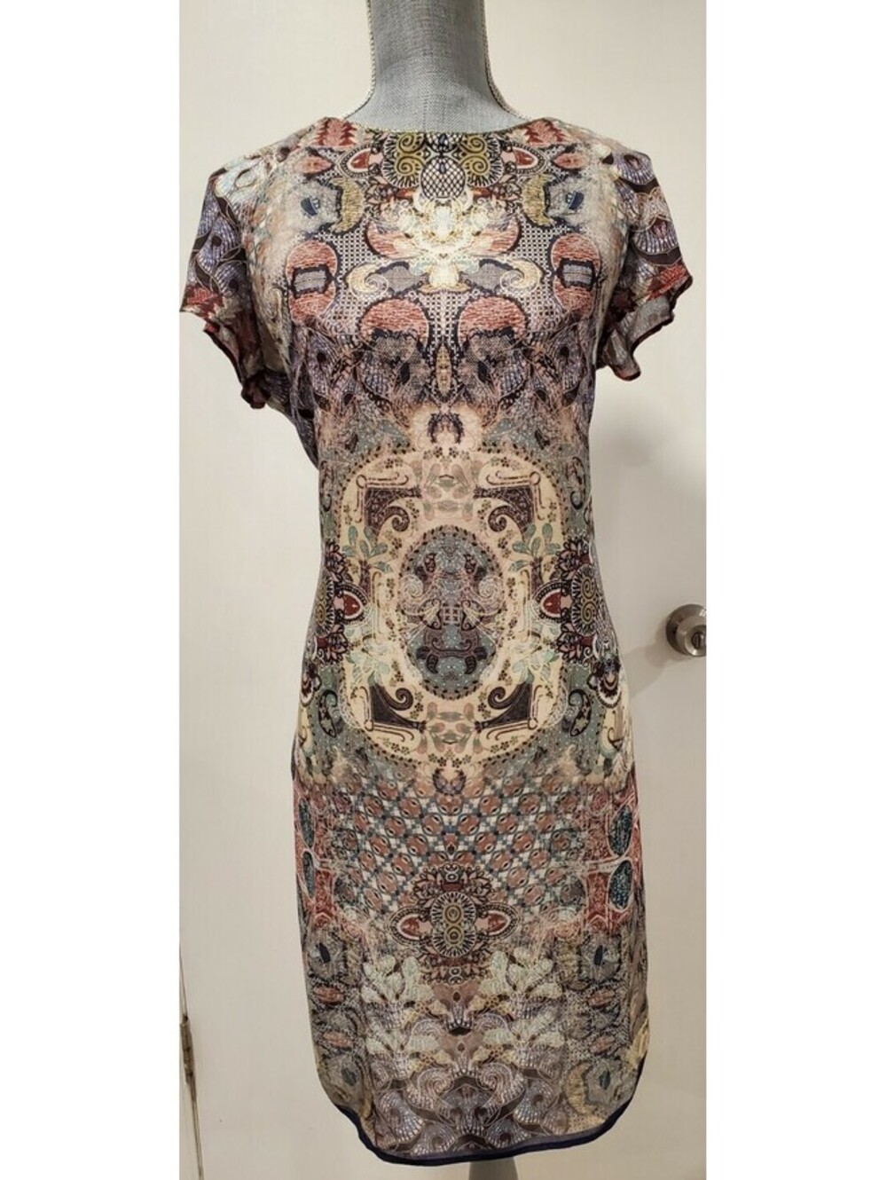 Promod Midi A-Line Lined Short Sleeve Paisley Boho Bohemian Dress Size 8